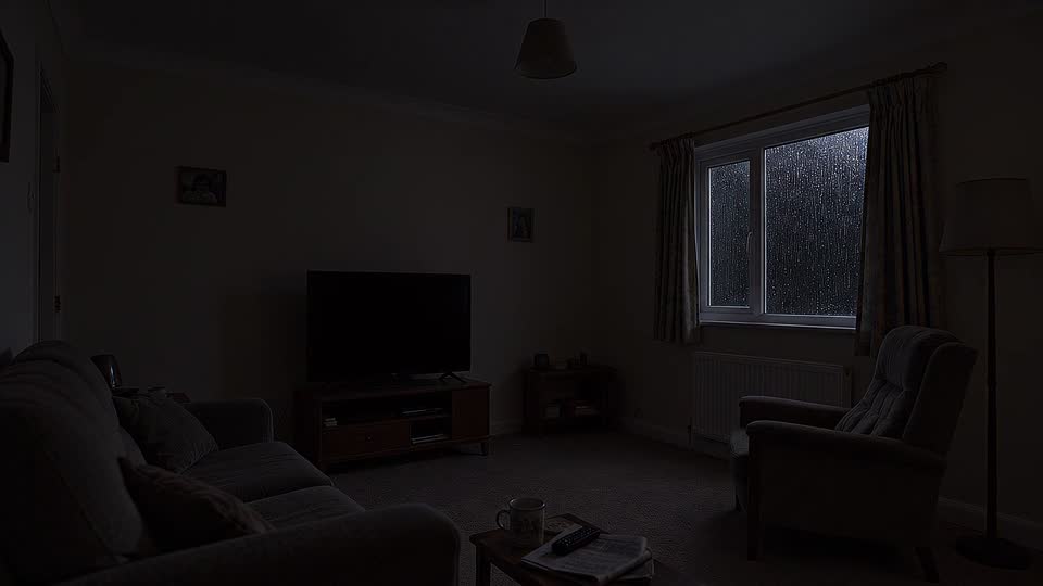 A living room in darkness after a power cut