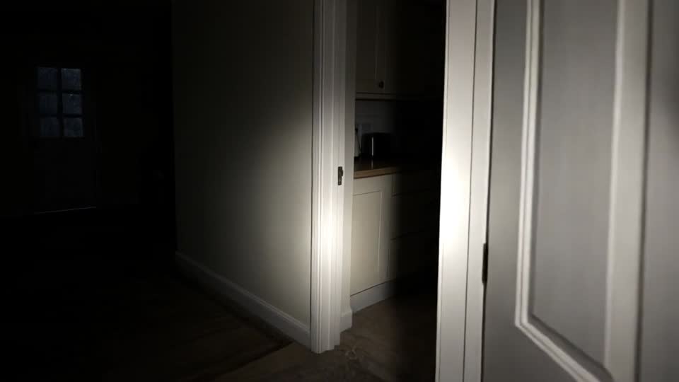 Torchlight on a doorway in a dark hallway