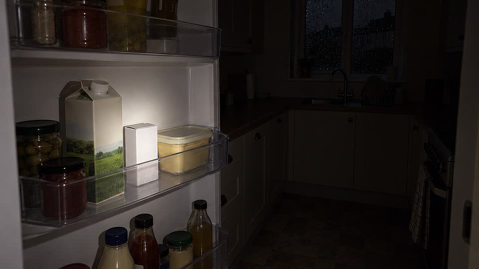 Torchlight on food inside an open fridge