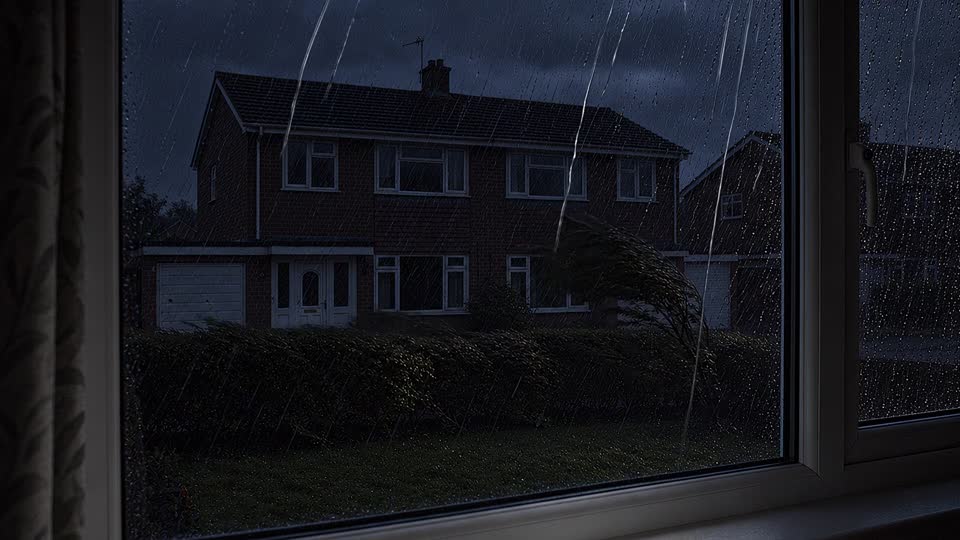 Rain on a window, houses in darkness across the street