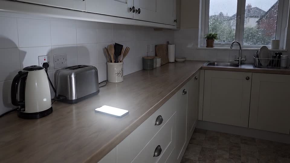 A kitchen in grey morning light